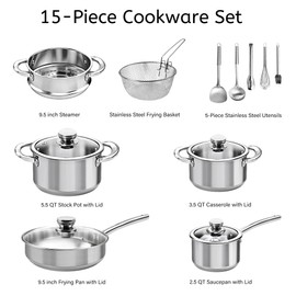 15-piece Stainless Steel Pots and Pan Set, Kitchen Cookware Set include Steamer, Frying Basket and Utensil Sets, Non Toxic, Dishwasher & Oven Safe, Easy to Clean