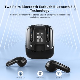 Wireless Earbuds Bluetooth 5.5 Two Pairs Headphones HIFI Bass Stereo Ear Buds with Noise Cancelling, LED Display Power in Ear Earphones Waterproof 120H Playtime for Laptop Pad Phones (Black)