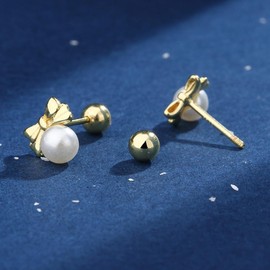 Earrings Bow Pearl Earrings for Women Stud Earrings Pearl Earrings Gold Silver Bow Earrings Huggie Hypoallergenic Earrings Stud Earrings for Women Girls, Stainless Steel