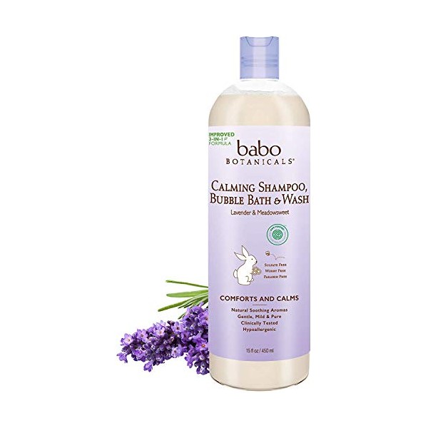 Babo Botanicals Natural Lavender Meadowsweet 3 in 1 Baby Bubble Bath Shampoo Wash - Sulfate Free, 15 Ounce