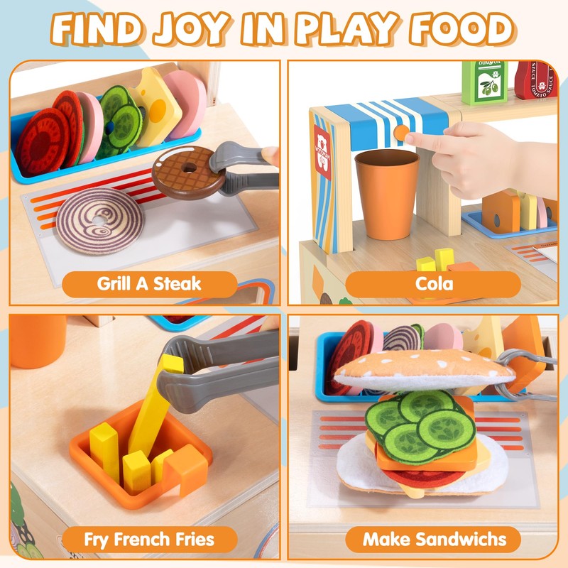 WOODMAM Foldable Wooden Kids Play Food Toys Sandwich Counter with