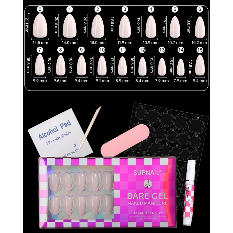 Light Pink Short Almond Press On Gel Nails 16 Sizes