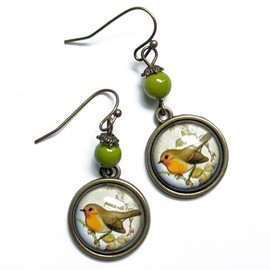 Victorian Robin Bird Earrings Reversed Decoupage Glass Cabochon