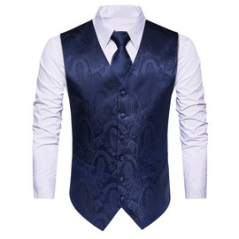 HISDERN Men's Suit Vest, Paisley, Necktie, Pocket Square, 3-Piece Set, Formal, Wedding Vest, Large Size, Fit, 2 Pockets, Blue (See Size Chart in Picture 2)