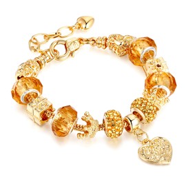Leprato Gold Plated Heart Crown Charm Pendant Glass Crystal Beaded Bracelet Stunning Jewelry Gift for Women