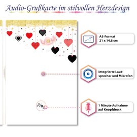 PlayMegram Personalisierbare Grußkarte mit Aufnahmefunktion – Audio-Glükwunschkarte im Herz-Design mit Goldakzenten – für Valentinstag, Hochzeit & Jahrestag und allgemeine Anlässe – A5 Format