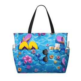Women's Large Beach Bag Glasses Slippers Flower Print Waterproof Travel Tote Bag Lightweight Blue Weekender Bags for Pool Vacation