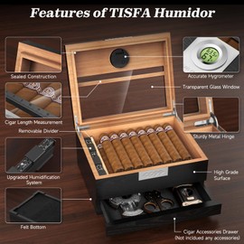 TISFA Cigar Humidor, Cedar Wood Desktop Humidor Box with Digital Hygrometer, Adjustable Humidifier, Accessory Drawer, Divider, Cigar Length Measurement, Glass Top Storage Holder Cigar Case