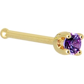 Solid 14k Yellow Gold 2mm Purple Cubic Zirconia Nose Stud Bone 20 Gauge 1/4"