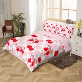 Homemissing Pink Bowknot Duvet Cover Set Bow Tie Red Cherry Bedding Set for Kids Boys Girls Pink Chic Comforter Cover Ribbon Bow Quilt Cover Room 3Pcs Double Size,Zipper,No Comforter