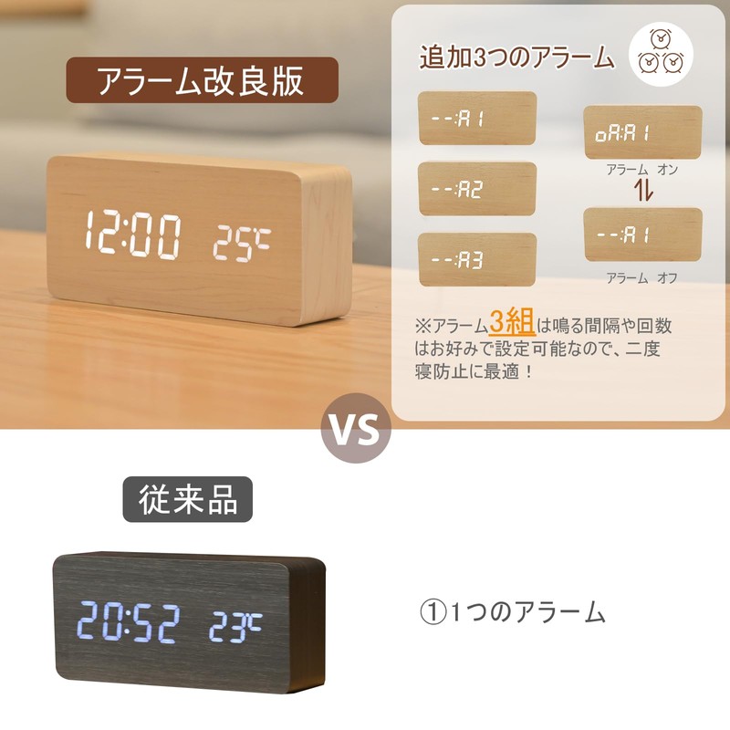 Digital Alarm Clock, Wooden Table Clock, LED Time Display, 3