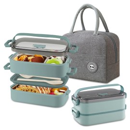 BRYN Brotdose mit Fächern, 1400ml Lunchbox + Besteck + Thermotasche, Bento Box für Picknick, Schule, Büros, Erwachsene, Kinder (Grün)