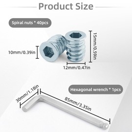 Pack of 40 Screw Nuts M6, Threaded Insert Wood M6 with Hex Key, Zinc Alloy Drive-in Nuts M6 x 15 mm, Screw-in Sleeves, Ramp Sleeve M6 for Wooden Furniture, Thread Repair (m6 15 mm)