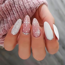 Christmas Press on Nails Medium Almond False Nails Pink Full Cover White Snowflake Fake Nails with Rhinestones Designs Sliver Glitter Acrylic Nails Luxury Xmas Stick on Nails for Women 24Pcs