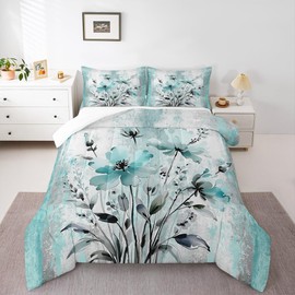 Ombre Turquoise Blue Grey White King Bedding Set Soft Abstract Oil Painting Comforter Sets - Rustic Farmhouse Comforter For Girls Adult Watercolor Floral Quilt Duvet Country Wooden Theme Room Decor