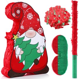 Christmas Piñata Gnome Ornaments 15 Inch Christmas Mexican Piñata with Stick Blindfold and Confetti Pack Christmas Piñata Bundle for Xmas Birthday Holiday Piñata Game Favors Photo Prop Decoration