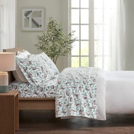 Cozy Sturdy 100% Cotton Weave Flannel Sheet Set | Sloth Animal Artful Print in Soft Subtle Hues | Durable All Season Extra Deep Pocket Aesthetic Bedding | 4 Piece King Size Pretty Brown & White Shade