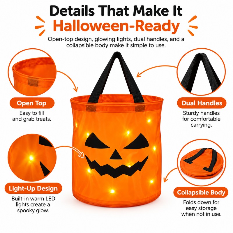 LED Halloween Trick-or-Treat Bucket for Candy – Collapsible Polyester Light-Up