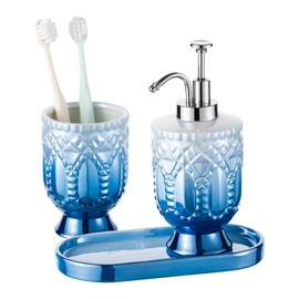 Ceramic Bathroom Accessories Set, 3pcs Blue Bathroom Soap Dispenser Sets with Lotion Dispenser, Toothbrush Holder, Soap Dish - Complete 3 Pieces Set Bathroom Accessories