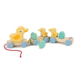 Classic Wooden Pull Along Toy - 9pc Duck Family Set : 1 Mother Duck, 2 Baby Ducks , 3 Eggs and 3 Cars - Encourages Number Learning - 18 Months+