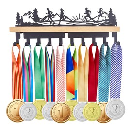 SUPERDANT Forest Running Trophies and Medals Display Shelf Medal Hanger Holder with 10 Hooks Racing Medals Display and Medals Hanger with Wooden Shelf for Storage of Running Prizes