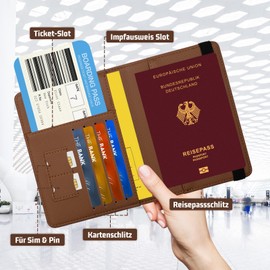 HCFGS Passport Cover, Vaccination Certificate Case, Faux Leather Passport Cover with RFID Blocker, Portable Passport Bag for Women and Men, Passport, Credit Cards, ID and Travel Documents, brown,