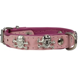Real Leather Skull Studded Padded Dog Collar (6"-7.5" Neck; 1/2" Wide, Pink/Baby-Pink)