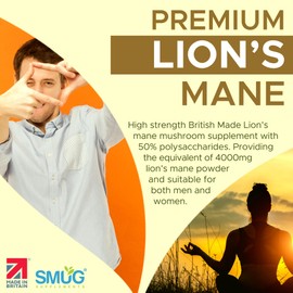 Lions Mane 4000mg British Made by SMUG Supplements - 180 Vegan Lion's Mane Mushroom Extract Tablets - Two-a-Day Dose with Black Pepper - 90 Day Supply - Potent Alternative to Capsules or Powder