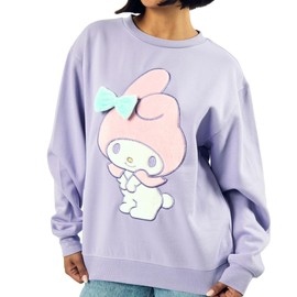 My Melody Big Face Plush Character Women's Purple Crew Neck Long Sleeve Oversized Fleece Sweatshirt-XL