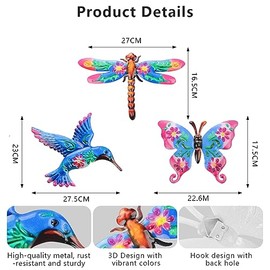 Zerdie Paquete de 3 Colibrí Mariposa Libélula Decoración de Pared de Metal, Decoración de Escultura de Pared Colgante, Decoración de Escultura de Pared