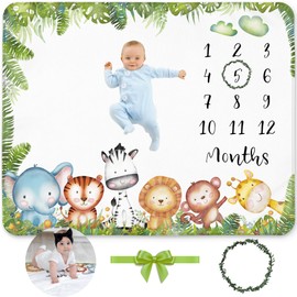 KEMINA BLANKETS Baby Monthly Milestone Blanket Boy, Baby Milestone Blanket for Baby Boy Includes Wreath, Monthly Baby Milestone Safari Nursery Animals Theme, 50x40