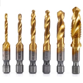 Tap Set, Drill Set, Tap Drill, Threading, Tap Drill Set, Hex Shank, Screw Tapping Tap, Set of 6, Multifunctional, Drilling HSS High Speed Steel, M3 M4 M5 M6 M8 M10 Tap Drill Set (Titanium Gold)