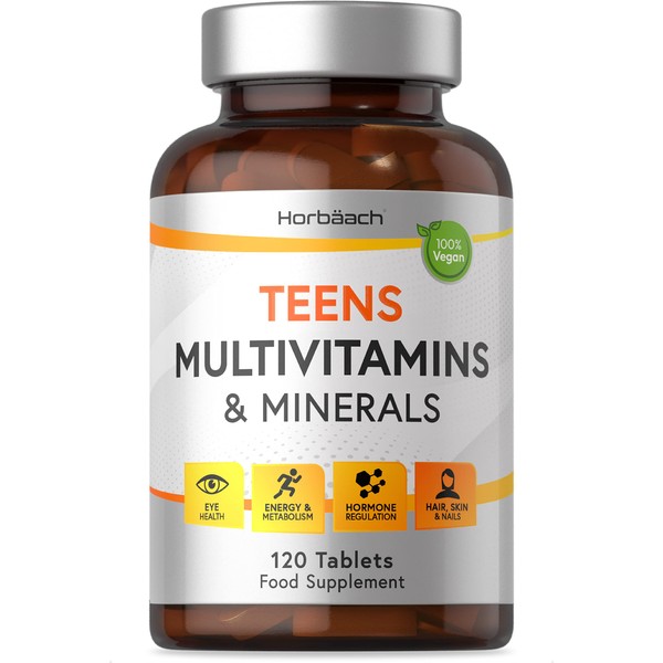 Teen Multivitamin | 120 Vegan Tablets | Immune System Booster | with Vitamins B, D, and E, Calcium, Iron and Zinc | Supplement for Teenage Boys and Girls | by Horbaach