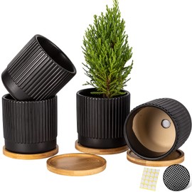 AOMRYOM 4.25 Inch Small Garden Ceramic Plant Pots with Drainage Holes and Tray, Modern Flower Planter Pots for Indoor Plants, Succulent, Cactus and Herbs, Black Stripe, Set of 4 (Plant Not Included)