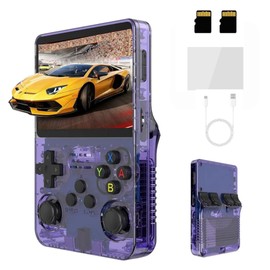 GameVibe R36S Handheld Retro Game Console, 3.5 Inch IPS Screen Built-in 15,000+ Classic Video Games with Preinstalled Emulator System (Transparent Purple)