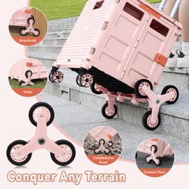 Foldable Utility Cart Portable Crate Rolling Dolly with Telescopic Handle,Can be Pulled diagonally, Magnetic Retractable Lid, 360°Swivel Climbing Wheels for Shopping Carrying Groceries Move Pink