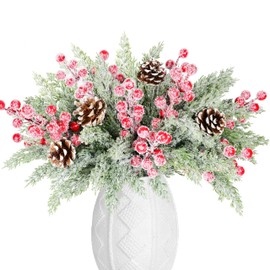 AMAZING TIME 68 Pcs Artificial Pinecones Berry Stems Pine Branch Set Christmas Fake Greenery Pine Picks Holiday Floral Pick for Xmas DIY Craft Wreath Vase Fireplace Decoration Home Décor
