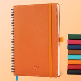 IN-LUXPRO Planner 2026 Daily Weekly and Monthly,8.5"x6.5",12 Months Spiral Bound Calendar Agenda with Self-adhesive Pen Holder,2026 Appointment Book with Vegan Leather Soft Cover,Orange
