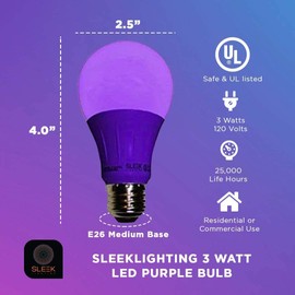 SLEEKLIGHTING Purple Light Bulb A19 LED, 120 Volt - 3-Watt Outdoor Light Bulbs- Medium Base - UL-Listed Purple LED Light Bulb- Lasts More Than 20,000 Hours 2pack
