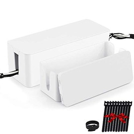 Cable Management Box Organizer, Pack of 2 Wire Concealer to Cover Hide Surge Protector & Power Strip on Desk Floor, with 5 Cord Fastening Tapes for Office, Home, Kitchen (M+S, White)