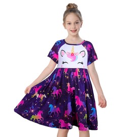 MHJY Girls Nightdress Unicorn Girls' Nighties Princess Nightgown Sleepwear Night Dress Short Sleeve Nightwear for Kids Dark Purple