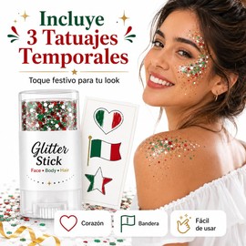 Pintura Facial Bandera Mexico,Glitter Stick Mexico con 3 Tatuajes Temporales,Brillos para Cara Cuerpo y Cabello,Maquillaje Festivo para Fiestas Patrias y Eventos Deportivos (México)