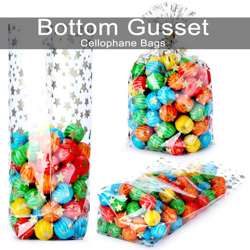 Bottom Gusset Bags 50Pcs 7X12" Gold Star Clear Cellophane Bags