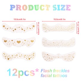 lasuroa 12pcs Gold Freckles Temporary Face Tattoos, 6 Design Sparkle Makeup Patches Waterproof Glow Up Face Glitter Speckles Cosmetic Stickers for Women Makeup Festival Dancing Carnival Party