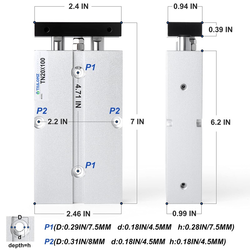 TAILONZ PNEUMATIC 20mm Bore 100mm Stroke Double-Rod Double-Acting Aluminum Pneumatic