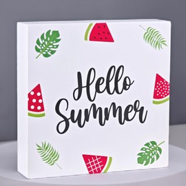 Summer Decor Summer Decorations for Home Wood Box Sign Rustic Watermelon Wooden Shelf Desk Decor Season Gifts 5.9 x 5.9 Inch