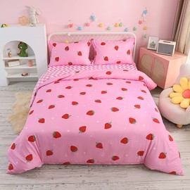 Strawberry Bed Linen Set 135 x 200 cm for Children Girls Pink Bed Linen Strawberry Stripes Reversible Duvet Cover Set 2-Piece 100% Microfibre Bed Set Soft Cute Fruit Print Bed Linen Women