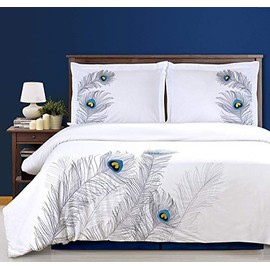 BLUENILEMILLS Peacock Embroidered Duvet Cover Set, Long-Staple Cotton, King/Cal King, Silver