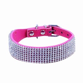 Rhinestone Dog Collar, Bling Rhinestone Suede Leather Crystal Diamond Rhinestones Small Pet Cat Dog Puppy Collar (M:12-14.5", Hot Pink)