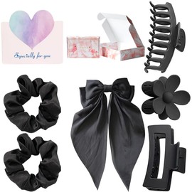 Caja de regalo de accesorios para el cabello: 3 pinzas para el pelo, 2 cuerdas para el pelo. Hermoso conjunto de caja de regalo para regalar, de San Valentín, Navidad, Día de la Madre, Día de la Mujer. (Black)